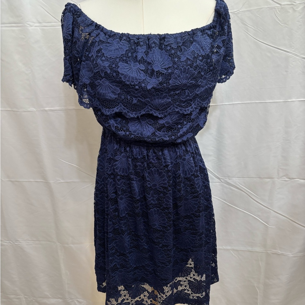 💙 Navy Blue Lace Off‎ Shoulder Dress Pinky Large Romantic Cocktail